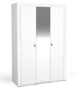 Armoire 3 portes avec miroir Barbe 04 | Blanc mat & chêne | 206 x 137 x 56 cm | Poignées noires | 7 compartiments, penderie