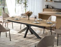 Table de salle à manger à ralonge / Bords arrondis / Chêne massif / En chêne rétro / Pieds : acier / 200-250 x 100 x 77 cm / Finitions de haute qualité /Pieds de table croisés