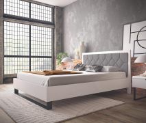 Lit double / Pin massif / 160 x 200 cm / Couleur : Blanc / Gris / Appuie-tête rembourré doux / Sommier à lattes inclus / Pied métallique / Lit d'appoint