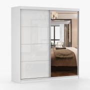 Armoire portes coulissantes Sredna 07 | Blanc brillant avec miroir | 2 portes, 7 compartiments, 3 tiroirs | 218 x 203 x 61 cm