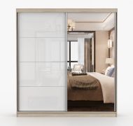 Armoire penderie Sredna 02 | Portes coulissantes miroir | Blanc & Chêne de Sonoma | 218 x 203 x 61 cm | 3 tiroirs, 7 compartiments