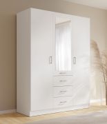 Armoire / 3 tiroirs / Couleur : Blanc / 2 portes battantes / 1 porte miroir / 1 tringle à vêtements / Dimensions : 150,5 x 58 x 200,5 cm / Armoire à portes battantes / Design sobre