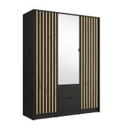 Penderie / Armoire à portes battantes / Lamelles / Poignées métalliques / Avec miroir / 150,8 x 54,5 x 200,5 cm / 10 compartiments / 1 tringle à vêtements / 2 tiroirs / Iraklio 04