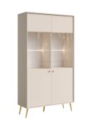Vitrine / Deux étagères en verre / Couleur : Beige / 10 compartiments / Éclairage LED inclus / Poignées & Pieds : Or / Dimensions : 105,5 x 40,5 x 191 cm / Design élégant