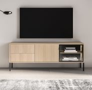 Commode TV / Couleur : Chêne Lindberg / 2 tiroirs / 3 compartiments / Fonction push-to-open / Éclairage LED inclus / 1 porte vitrée avec cadre en aluminium / 160 x 40 x 59 cm / Armoire TV
