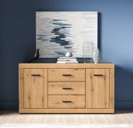 Commode / Buffet moderne Athens 04 / 3 tiroirs / Couleur : Chêne Evoke / Dimensions : 160 x 40 x 85 cm / 2 portes / Poignées : Plastique / Fermeture en douceur