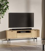Meuble bas TV / Couleur : Chêne Mavelie / 2 portes battantes / 1 porte basculante / Fonction Soft-Close / 1 passe-câbles / 4 compartiments / 150 x 33 x 53 cm / Meuble TV
