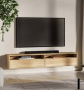 Meuble bas TV / 2 portes basculantes / 4 compartiments / Couleur : Chêne Mavelie / 180 x 33 x 33 cm / Fonction Push-to-open / Fonction Soft-Close / Tableau TV / Pour le salon