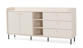 Commode / 3 tiroirs / Couleur : Beige avec effet bois / 5 compartiments / Dimensions : 193,5 x 42 x 91 cm / 2 portes battantes / Pieds et pignées : métal / Buffet