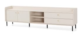 Meuble TV / 2 tiroirs / Format allongé / Couleur : Beige avec effet bois / 4 compartiments / Dimensions : 210 x 42 x 59 cm / 2 portes battantes / Pieds et poignées : métal