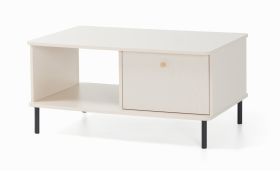 Table basse / 1 tiroir / Couleur : Beige avec effet bois / Une surface de rangement / Dimensions : 97 x 65 x 47,5 cm / Pieds et poignées : métal / Pour le salon
