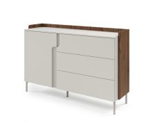 Commode / Couleur : Cachemire / Noyer Alba / 1 porte battante / 3 tiroirs / 143 x 42 x 95 cm / Fonction Push-to-open / Pieds en métal / Pour le salon