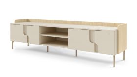 Meuble bas TV / Couleur : Chêne Mavelie / Macadamia / 4 portes battantes / 4 compartiments / 200 x 42 x 51 cm / Fonction Push-to-open / Meuble TV long / Pour le salon