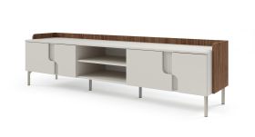Meuble bas TV / Couleur : Cachemire / Noyer Alba / 4 portes battantes / 4 compartiments / 200 x 42 x 51 cm / Fonction Push-to-open / Meuble TV long / Pieds en métal