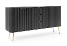 Commode noire Makreb 12 avec système de fermeture en douceur, 87 x 168 x 39 cm, façades découpées, 3 tiroirs, pieds en métal doré, 4 compartiments, 2 portes, ABS