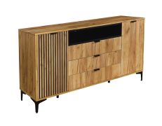 Commode longue Calmuco 09 | Grand espace de rangement | Chêne Craft Or / Noir | 86,5 x 170 x 40,5 cm | 3 tiroirs, 5 compartiments
