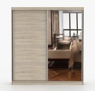 Armoire à portes coulissantes avec miroir | chêne Sonoma | Sredna 03 | 218 x 203 x 61 cm | 2 portes | 7 niches | 3 tiroirs | poignées en métal