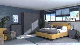 Chambre à coucher sombre - Set A Kule, 4 pièces, couleur : gris graphite, protection des bords ABS, une armoire, une commode et deux chevets, design moderne