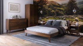 Ensemble de chambre à coucher M Engordany / 5 pièces / Couleur : Noyer / Hêtre massif / Laqué / 2 tables de chevet / 1 lit double / 1 commode / 1 armoire / Design intemporel