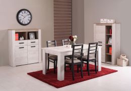 Salle à manger sobre - Set C Zemun, 3 pièces, couleur : chêne gris / chêne blanc, une table à manger extensible jusqu'à 200 cm, deux commodes, protection des bords ABS