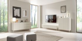Salon - Ensemble A Goulette / 3 pièces / Couleur : Cachemire / Face rainurée / Système « push-to-open » / Bords de protection en ABS / 1 meuble TV / 2 commodes