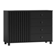 Commode noire à façades lames | 80 x 116 x 40 cm | 1 porte, 4 tiroirs, 2 niches | Fermeture douce | Poignées métal