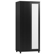 Armoire noire avec miroir | Façades à lamelles | 200 x 84 x 60 cm | 2 portes, 7 compartiments, tringle à vêtements