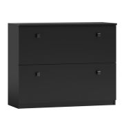Armoire à chaussures noire | Grand espace de rangement | 82 x 100 x 26 cm | 2 tiroirs basculants | Poignées carrées | Pieds métal