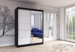 Armoire penderie Bucegi 21 | Portes coulissantes miroir | Blanc / Noir | 2 portes | 6 compartiments | 200 x 150 x 61 cm