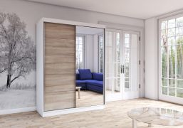 Armoire penderie Bucegi 13 | Portes coulissantes avec miroir | 2 portes | 6 étagères | 200 x 150 x 61 cm | Finition chêne brun et blanc