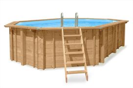 Piscine en bois Sunnydream 07, ovale, 8,40 x 4,90 mètres, avec système de filtration Premium, média filtrant, échelle de piscine, liner de piscine, voile de fond et voile de paroi, raccords d'angle en acier inoxydable