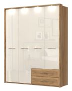 Armoire penderie à portes battantes Gataivai 56 | LED intégrées | Beige brillant & Noyer | 224 x 182 x 56 cm