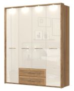 Armoire penderie battante Gataivai 55 avec cadre LED | Beige laqué brillant & Noyer | 224 x 182 x 56 cm