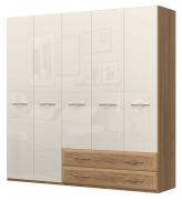 Armoire penderie Gataivai 40 | Beige laqué brillant & noyer | 224 x 272 x 56 cm | Design contemporain