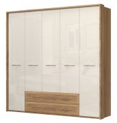 Armoire penderie à portes battantes Gataivai 48 | Beige brillant & noyer | 224 x 227 x 56 cm