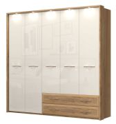 Armoire penderie avec portes battantes Gataivai 58 | LED intégrée | Beige brillant & Noyer | 224 x 272 x 56 cm