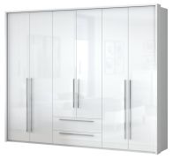 Armoire penderie portes battantes Siumu 33 avec cadre LED | Blanc & Blanc brillant | 226 x 277 x 60 cm