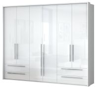 Armoire penderie portes battantes Siumu 34 avec cadre LED | Blanc & Blanc brillant | 226 x 277 x 60 cm