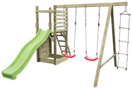 Tour de jeux PZ6A, avec toboggan ondulé, extension de balançoire double, bac à sable, mur d'escalade et échelle de corde, 328 x 340 cm, tour de jeux pour enfants