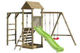 Tour de jeux S29C, incl. toboggan ondulé, annexe balançoire double, bac à sable, mur d'escalade, annexe escalade et corde à grimper, 359 x 422 cm, tour de jeux pour enfants, tour d'escalade