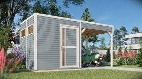 Abri de jardin Basel 02 avec toit rapporté, plancher inclus, laqué gris clair - en éléments de 19 mm, surface au sol : 5,10 m², toit plat