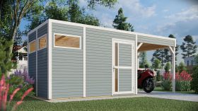 Abri de jardin Basel 03 avec toit rapporté, plancher inclus, laqué gris clair - en éléments de 19 mm, surface au sol : 7,70 m², toit plat