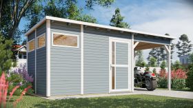 Abri de jardin Kiel 03 avec toit rapporté, plancher inclus, laqué gris clair - en éléments de 19 mm, surface au sol : 7,70 m², toit plat