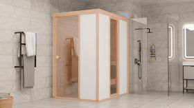 Sauna Ruhetraum 01 / 123 x 154 cm / Hauteur 201 cm / Sauna à éléments / Éléments de fenêtre avec double vitrage / Porte vitrée en verre de sécurité trempé / Système de banc inclus