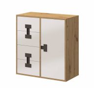 Commode design Garian 07 pour chambre ado | Chêne / Blanc brillant / Gris | 86 x 80 x 40 cm