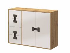 Commode moderne Garian 08 pour chambre ado | Espace de rangement optimal | Chêne / Blanc brillant / Gris | 86 x 118 x 40 cm