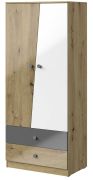 Armoire penderie Sirte 01 | 2 portes, 2 tiroirs | Chêne / Blanc / Gris brillant | 190 x 80 x 50 cm