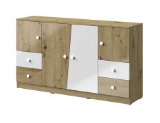 Commode design Sirte 06 | Chêne & Blanc brillant | 90 x 160 x 40 cm | 4 portes, 4 tiroirs
