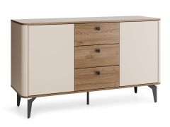 Commode | Noyer/Cachemire | 140 x 40 x 81 cm | Pieds métalliques | Chants ABS | 2 portes | Système Push-to-open | 3 tiroirs avec système Soft Close | 4 compartiments | Belladere 04