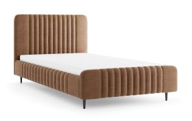 Lit simple | Lit d'appoint | Surface de couchage 140 x 200 cm | Marron | Revêtement tissu | Sommier à lattes inclus | Pieds en bois noirs | Belladere 11